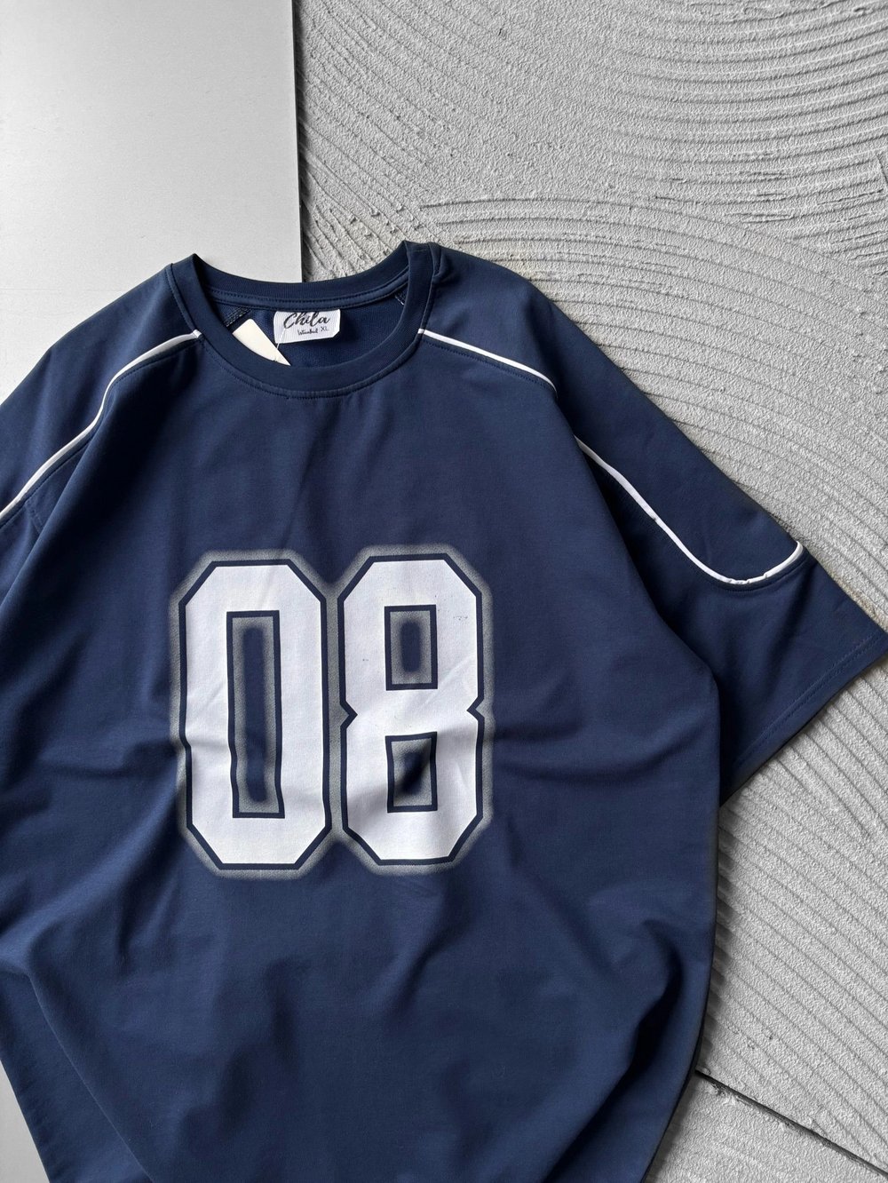 BISIKLET YAKA 08 BASKI OVERSIZE TSHIRT MAVİ