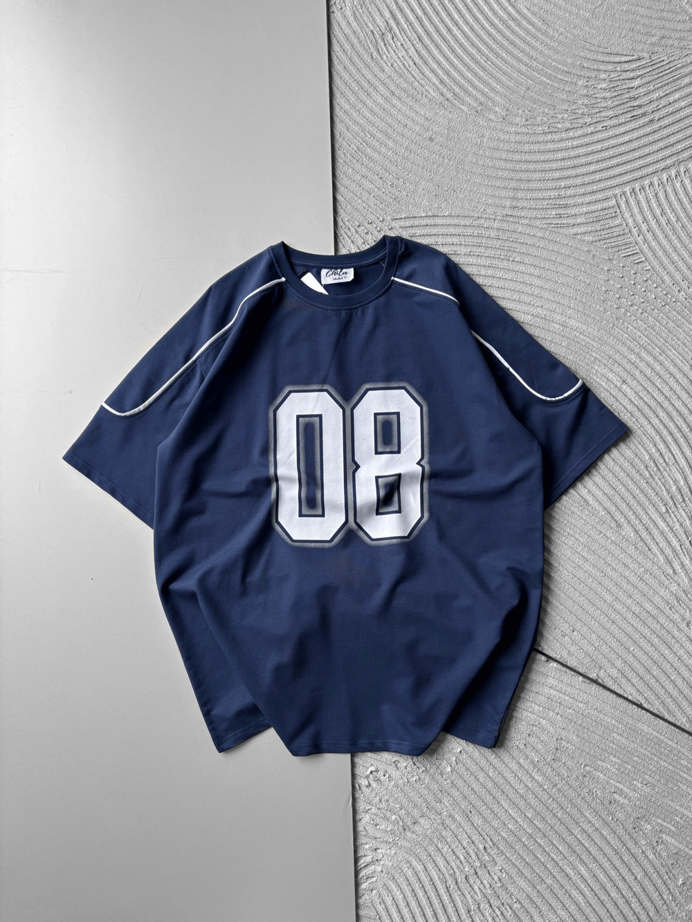 BISIKLET YAKA 08 BASKI OVERSIZE TSHIRT MAVİ