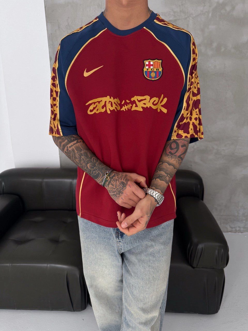 BISIKLET YAKA BARC KOL DESEN OVERSIZE TSHIRT KIRMIZI