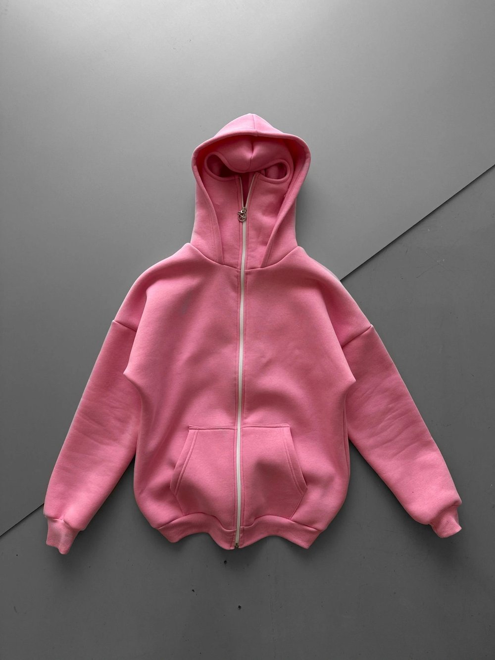 FULL ZİP 3 İPLİK PAMUKLU KUMAŞ MASKELİ HIRKA PEMBE