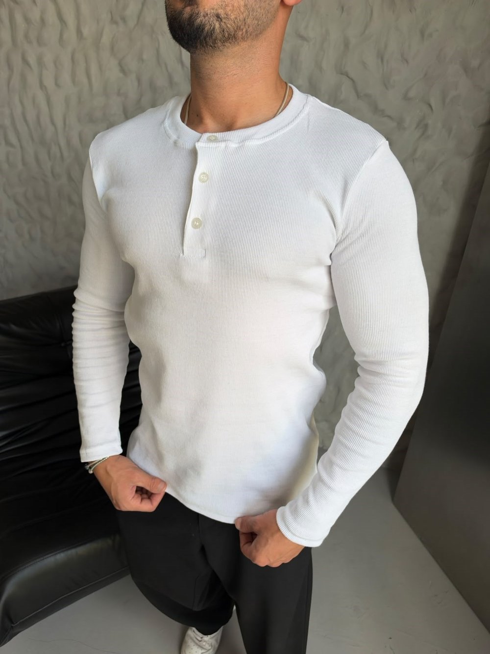 HENLEY YAKA FİTİLLİ UZUN KOLLU SLİM BADİ BEYAZ