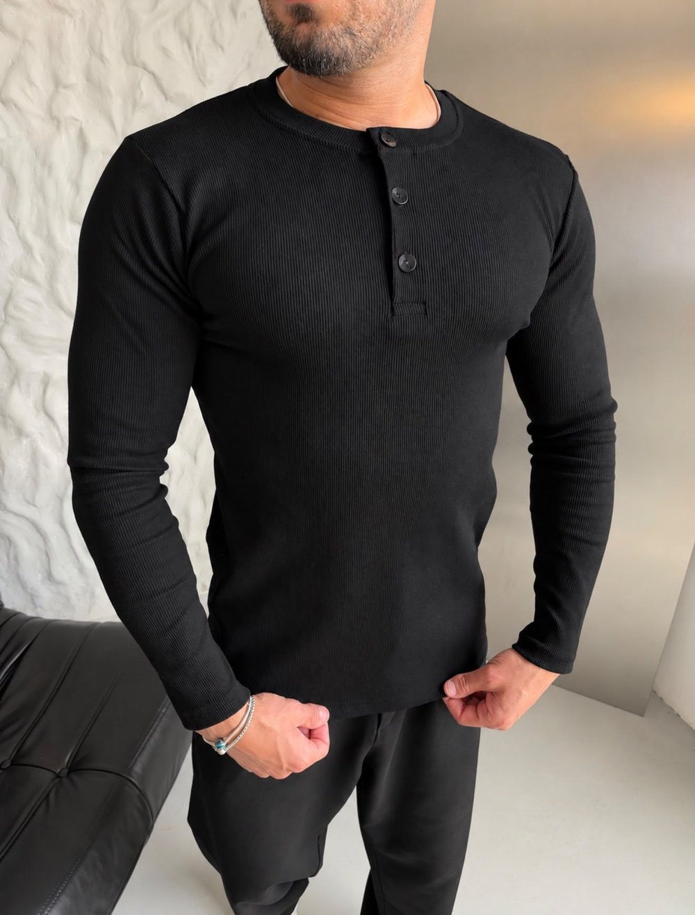 HENLEY YAKA FİTİLLİ UZUN KOLLU SLİM BADİ SİYAH
