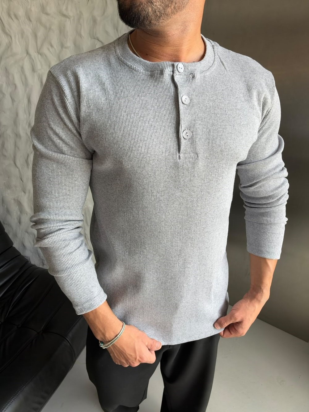 HENLEY YAKA FİTİLLİ UZUN KOLLU SLİM BADİ GRİ