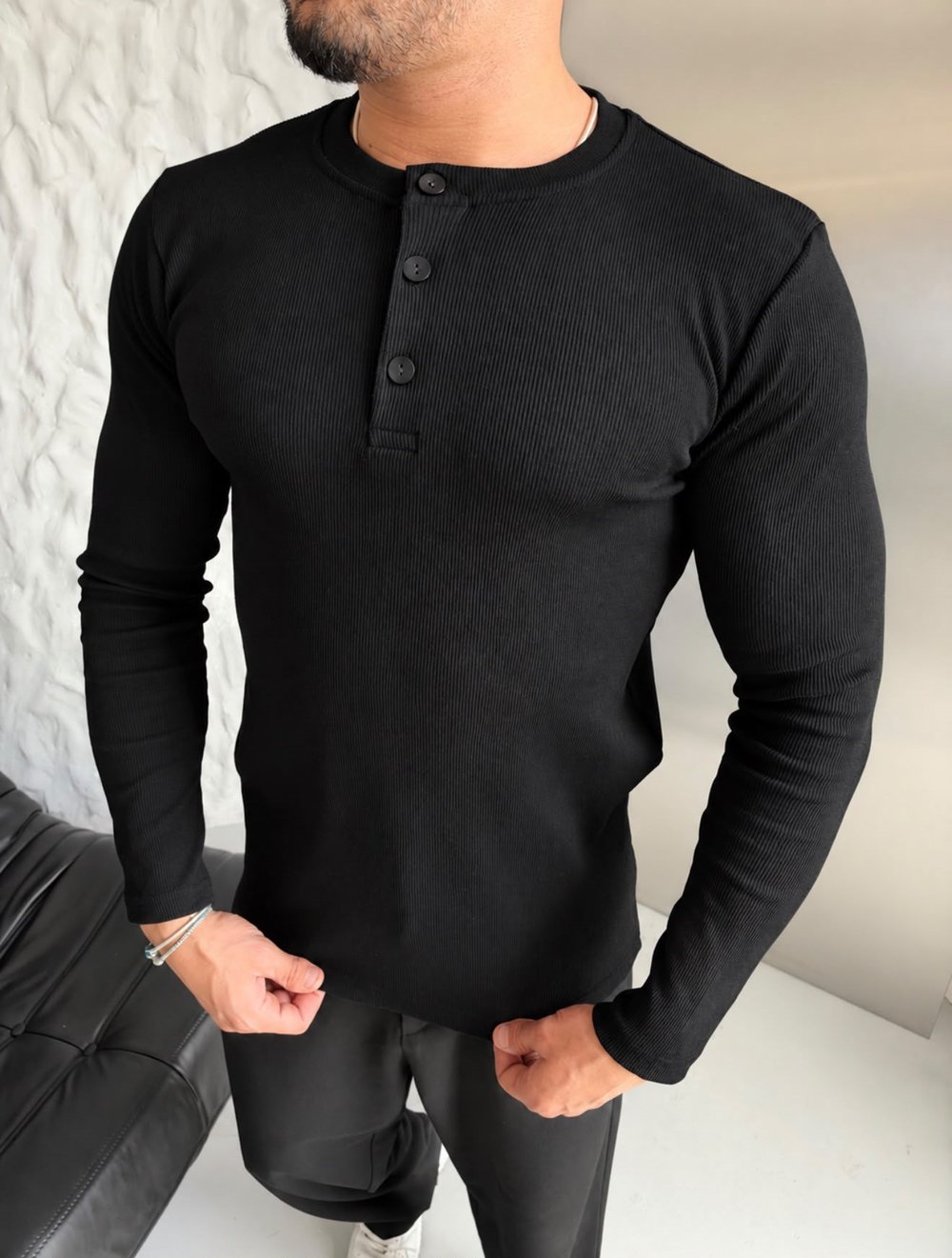 HENLEY YAKA FİTİLLİ UZUN KOLLU SLİM BADİ SİYAH