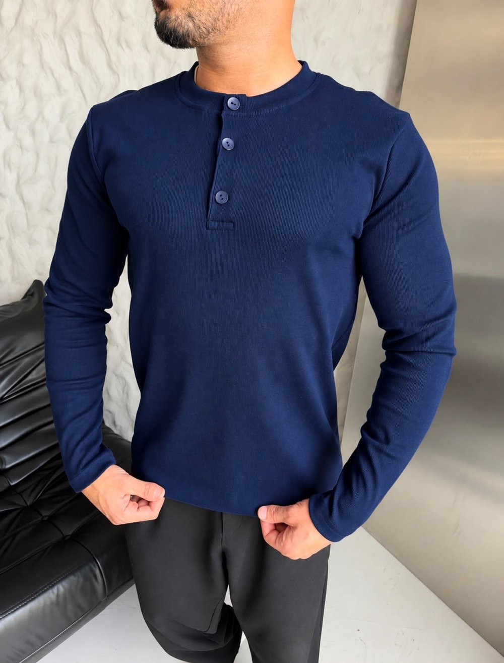 HENLEY YAKA FİTİLLİ UZUN KOLLU SLİM BADİ LACİ