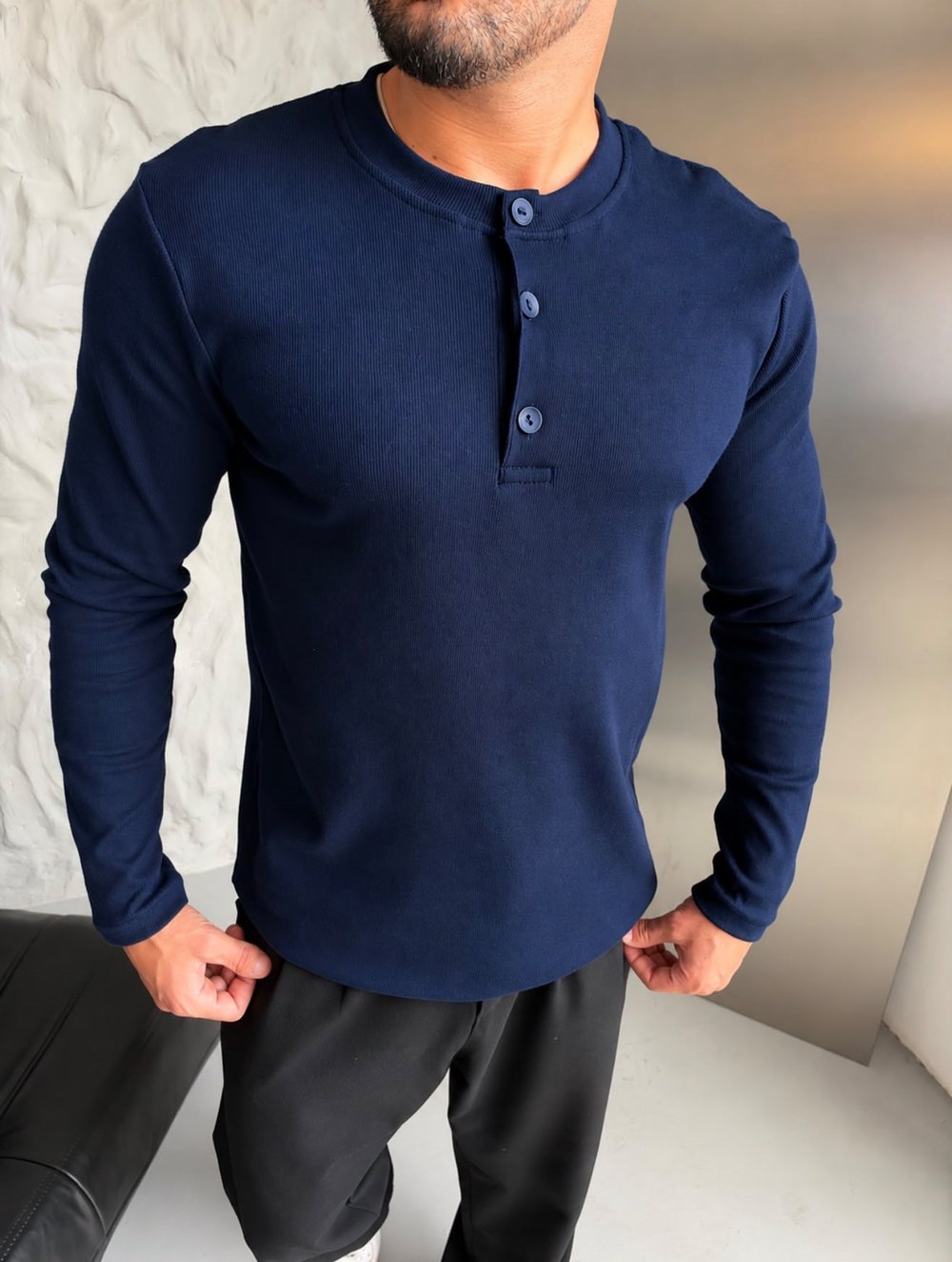 HENLEY YAKA FİTİLLİ UZUN KOLLU SLİM BADİ LACİ