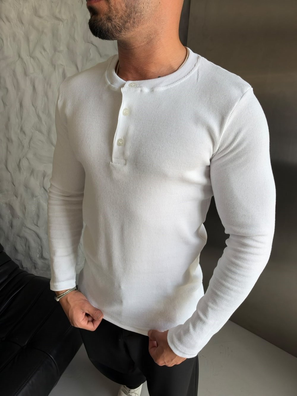HENLEY YAKA FİTİLLİ UZUN KOLLU SLİM BADİ BEYAZ