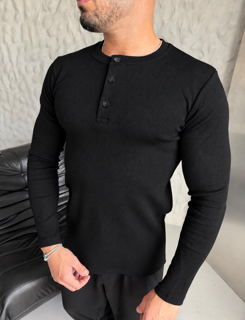 HENLEY YAKA FİTİLLİ UZUN KOLLU SLİM BADİ SİYAH