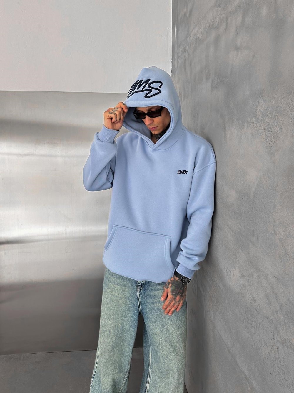 NAKIŞLI 3 İPLİK PAMUKLU KUMAŞ OVERSİZE STW SWEAT BEBEMAVİ