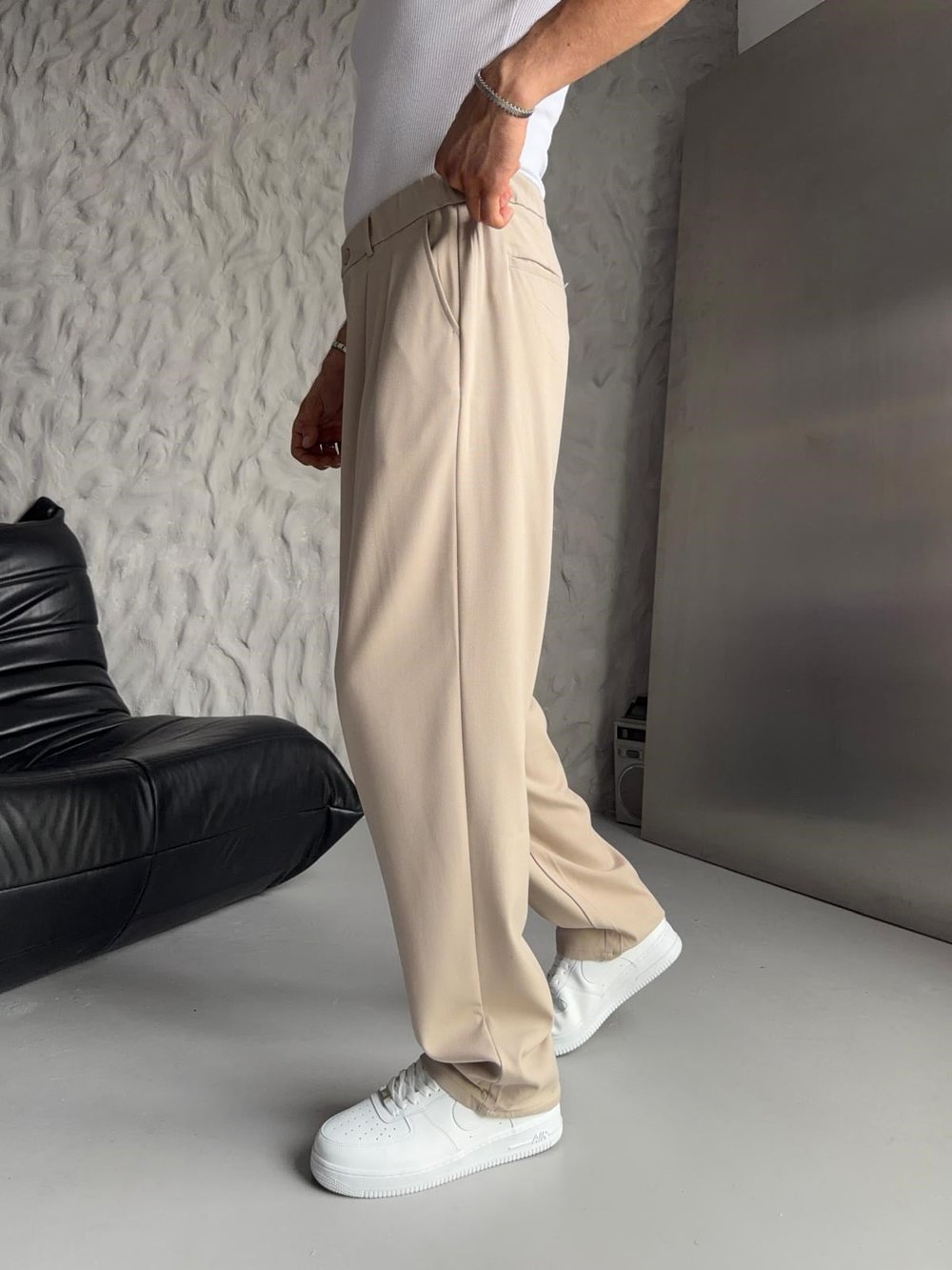 PİLELİ BAGGY KALIP DÜZ KUMAŞ PANTALON BEJ