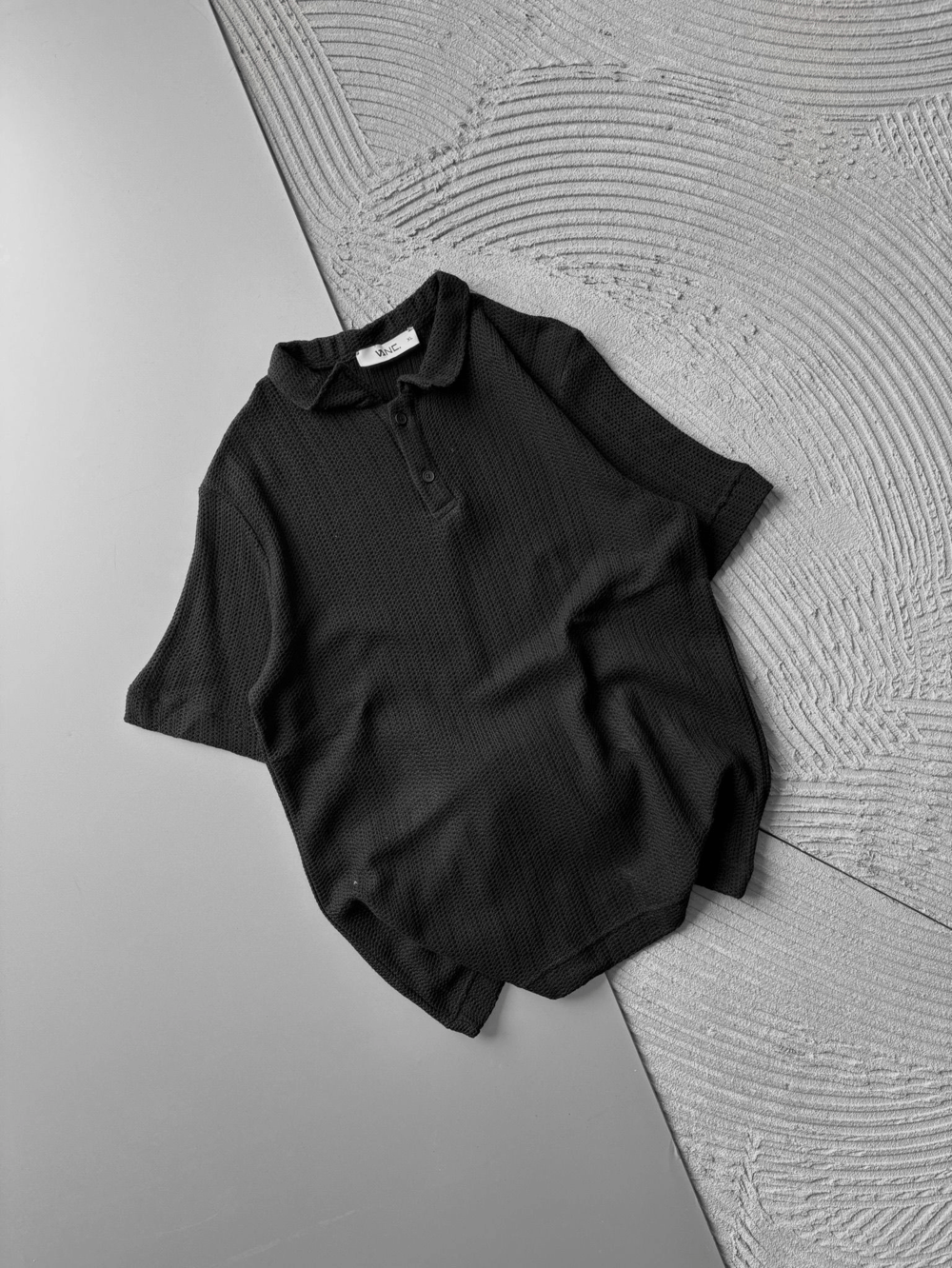POLO YAKA ÖRME KUMAŞ OVERSIZE TSHIRT SİYAH