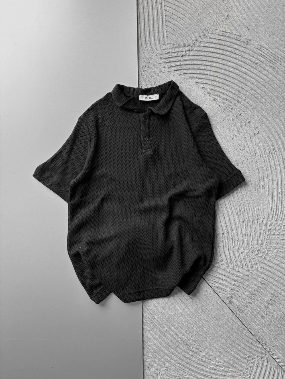 POLO YAKA ÖRME KUMAŞ OVERSIZE TSHIRT SİYAH