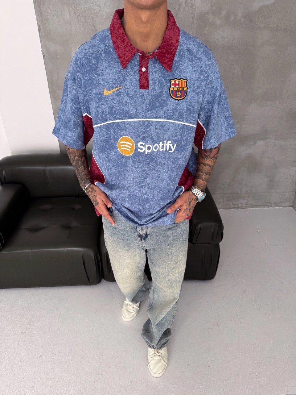 POLO YAKA YIKAMALI BARC SPOTY NAKIŞ OVERSIZE TSHIRT MAVİ
