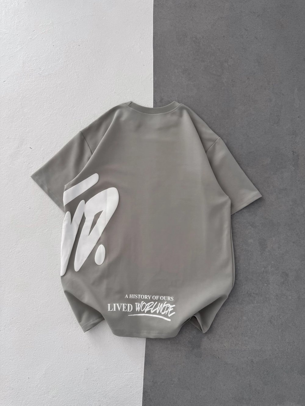 STW BEL BASKI BISIKLET YAKA OVERSIZE TSHIRT GRİ