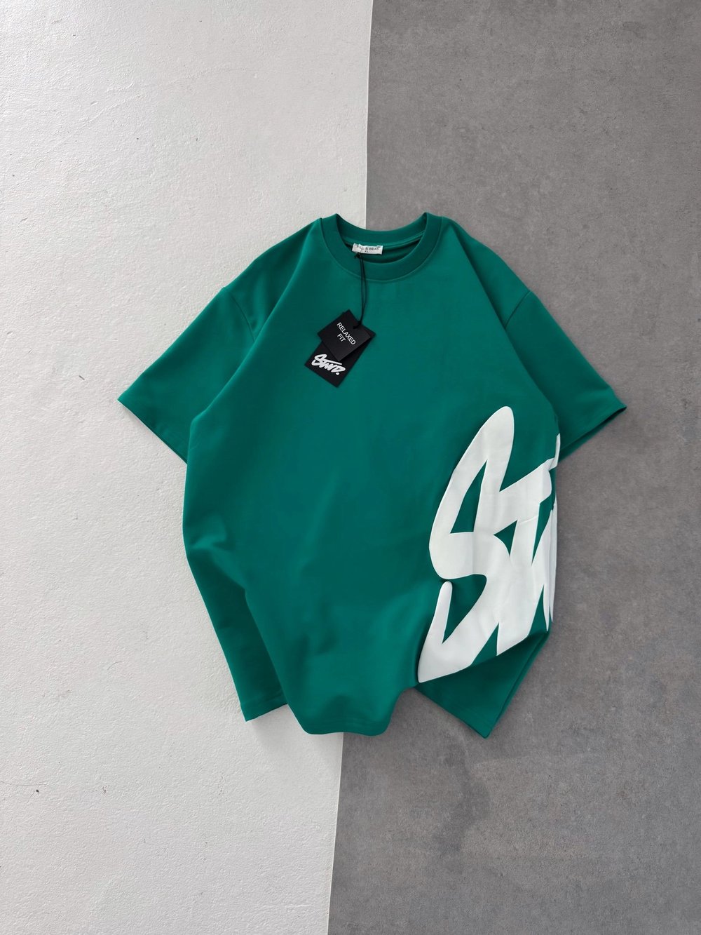 STW BEL BASKI BISIKLET YAKA OVERSIZE TSHIRT YEŞİL