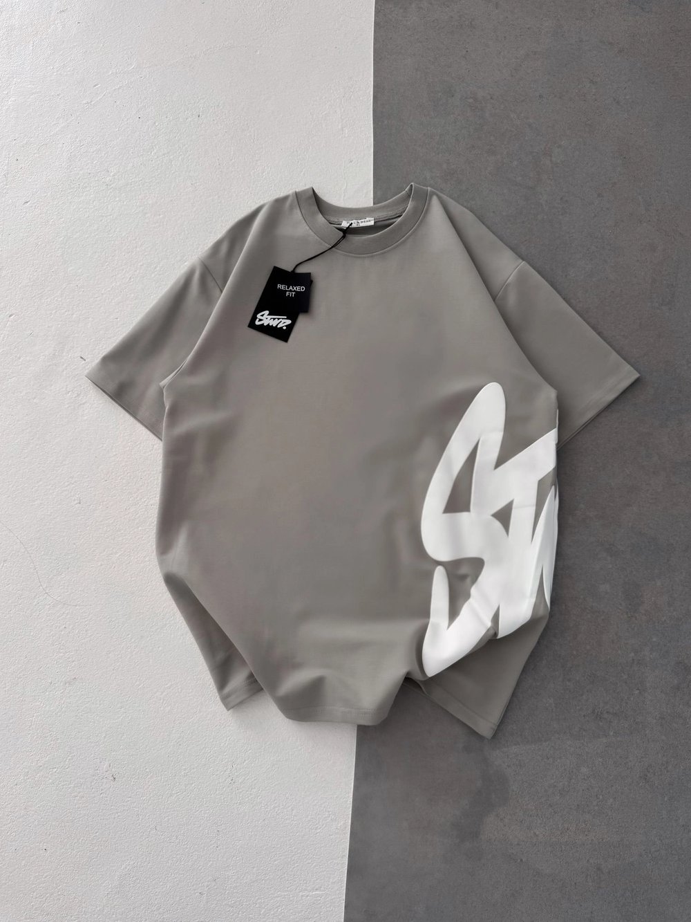 STW BEL BASKI BISIKLET YAKA OVERSIZE TSHIRT GRİ