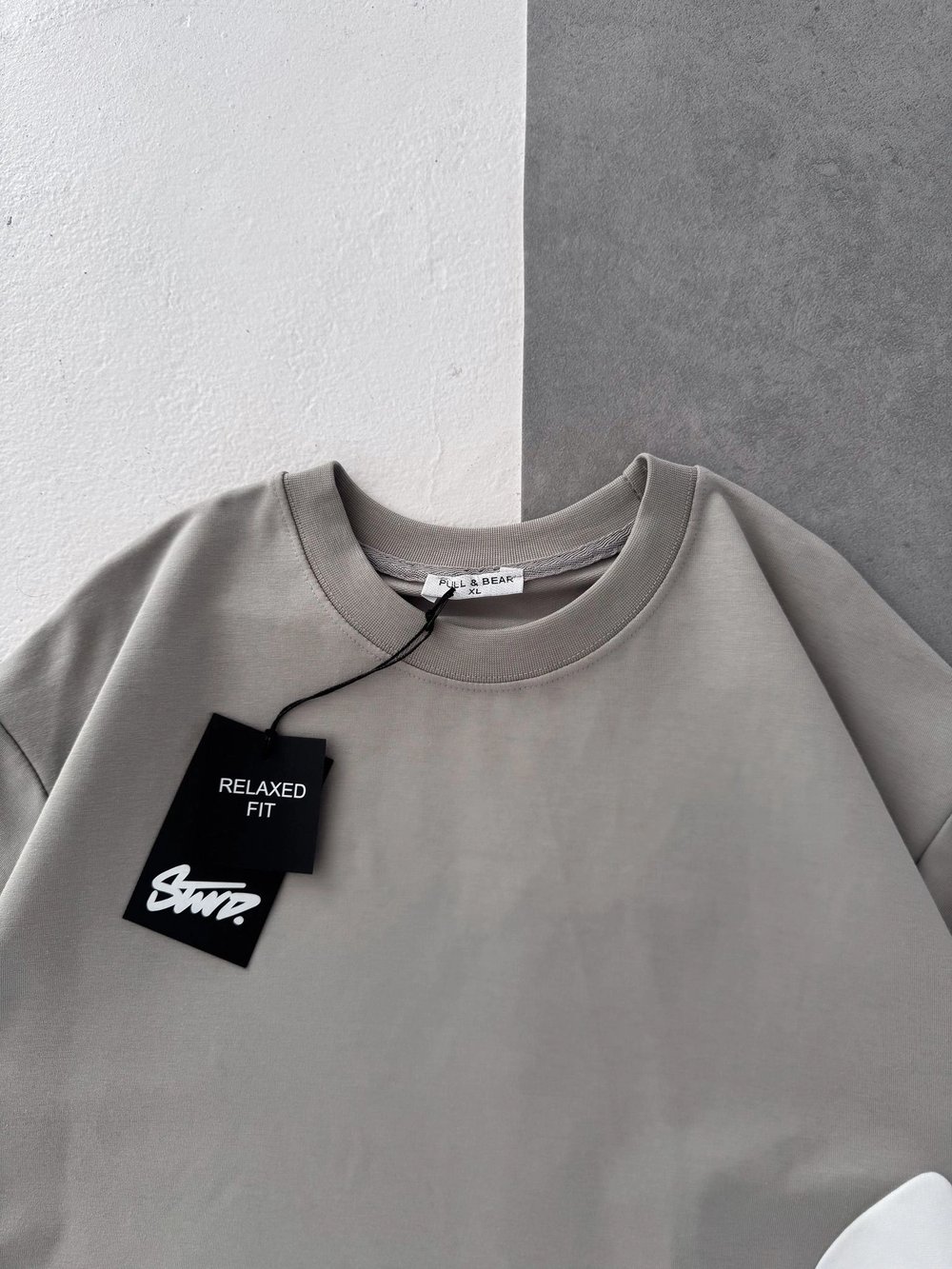 STW BEL BASKI BISIKLET YAKA OVERSIZE TSHIRT GRİ