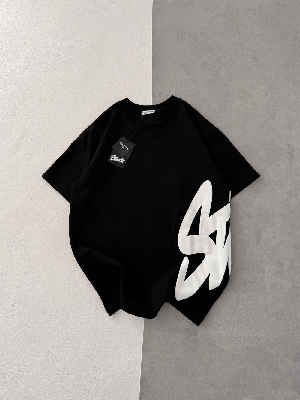 STW BEL BASKI BISIKLET YAKA TSHIRT SİYAH