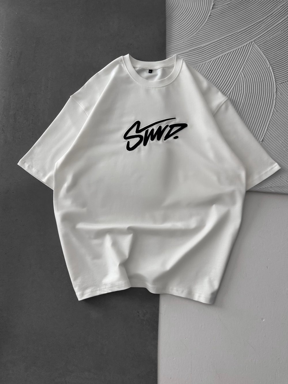 STW KABARTMA NAKIŞ BISIKLET YAKA OVERSIZE TSHIRT BEYAZ