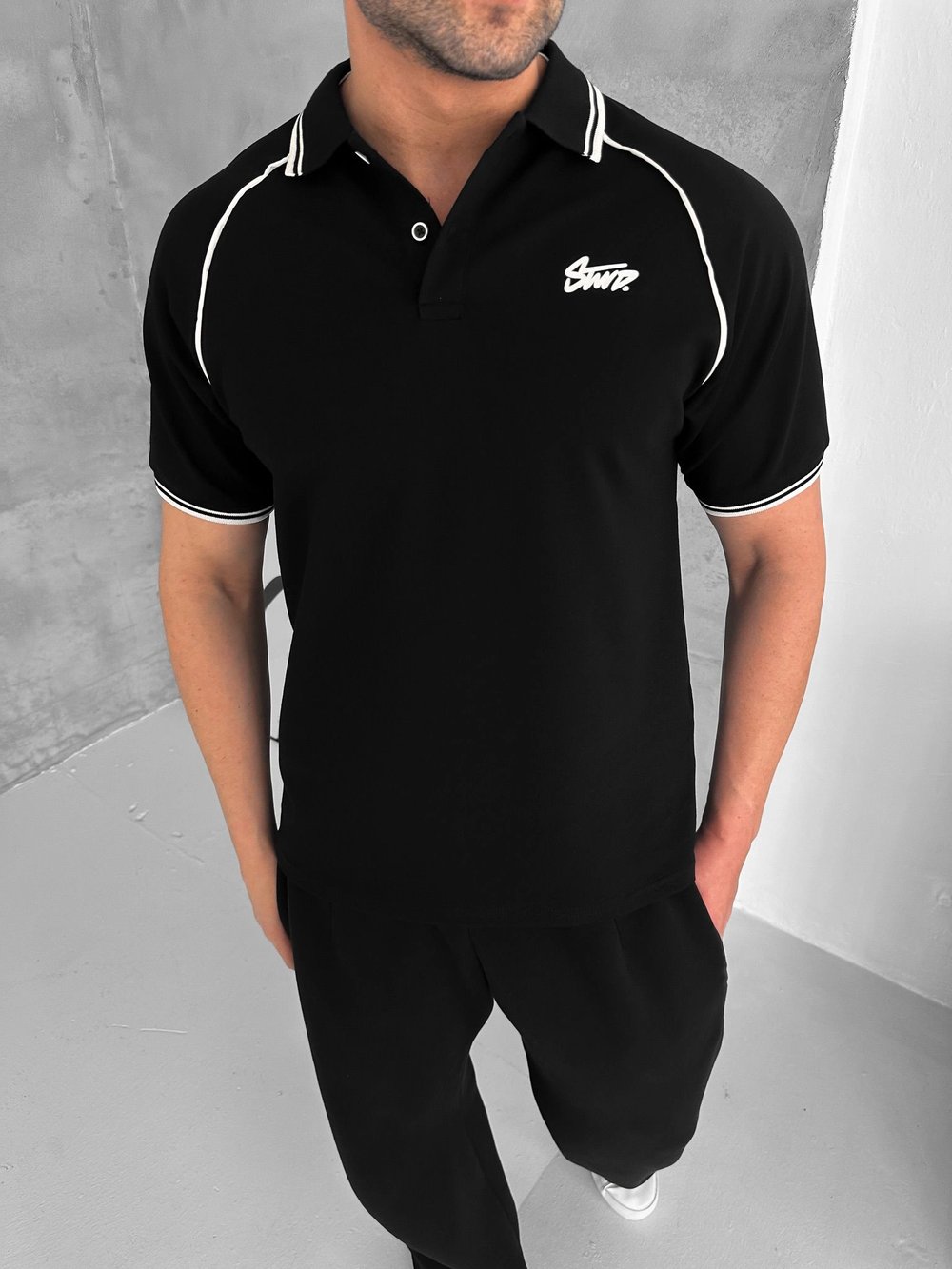 STW POLO YAKA BIYELI CP OVERSIZE TSHIRT SİYAH
