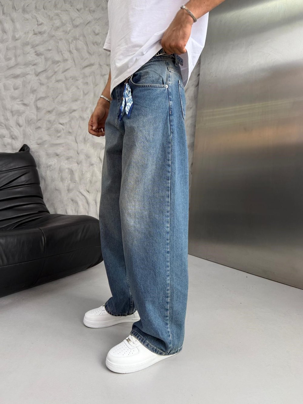 SÜPER BAGGY FULARLI KOT PANTOLON MAVİ