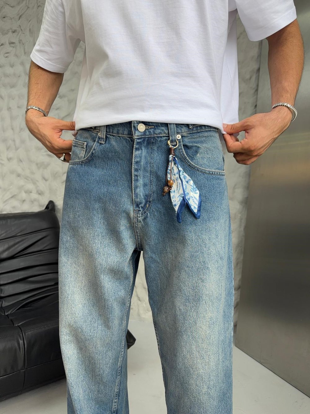 SÜPER BAGGY FULARLI KOT PANTOLON MAVİ