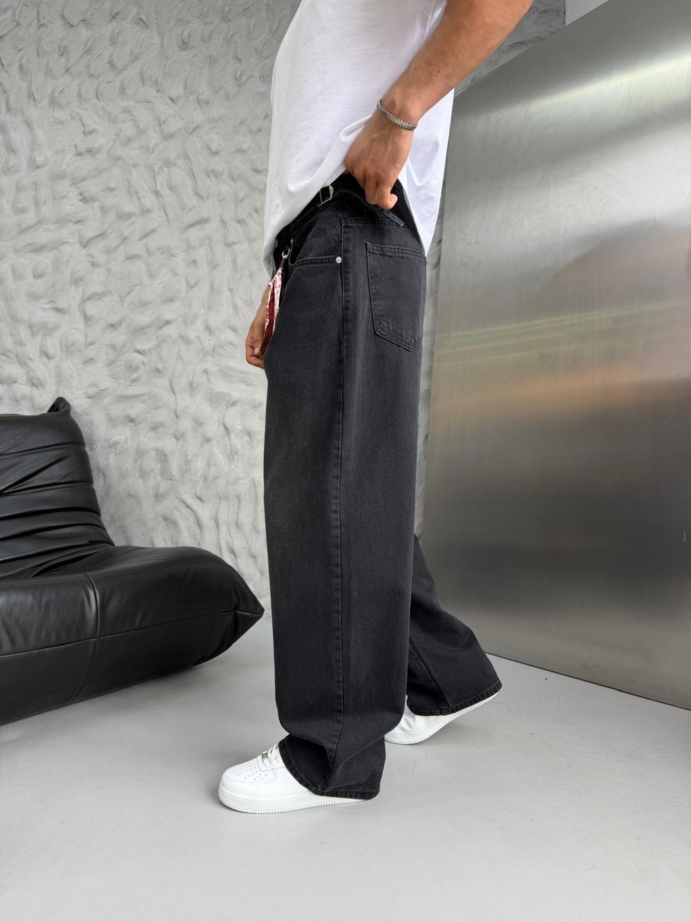 SÜPER BAGGY FULARLI KOT PANTOLON SİYAH