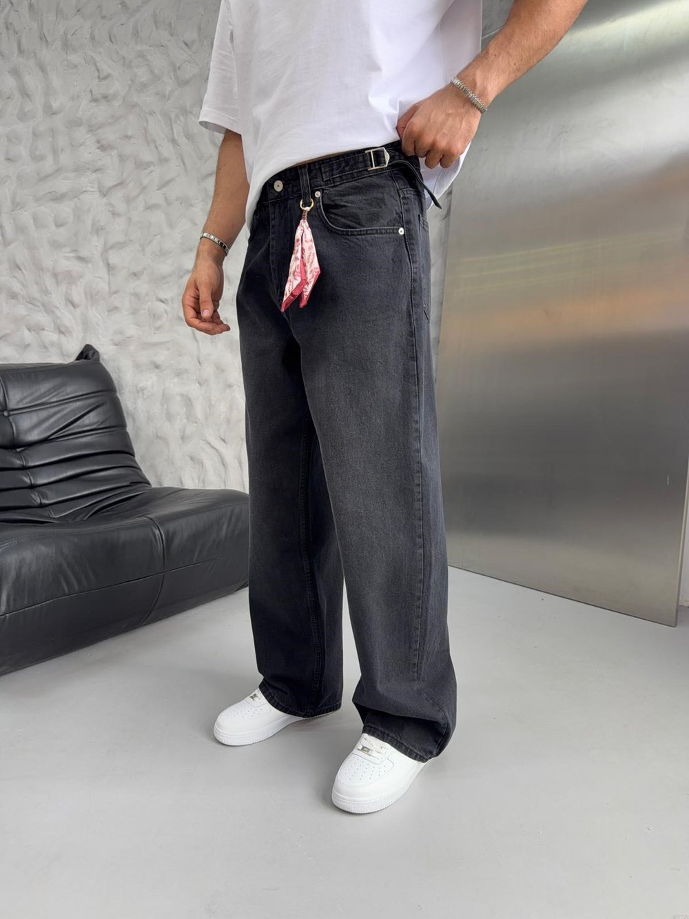 SÜPER BAGGY FULARLI KOT PANTOLON SİYAH