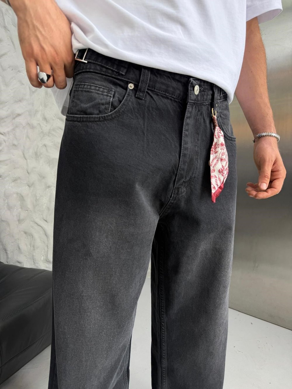 SÜPER BAGGY FULARLI KOT PANTOLON SİYAH
