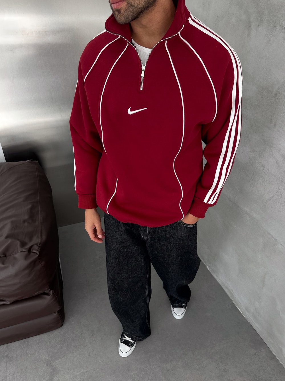 YARIM FERMUAR NK FUL BİYELİ OVERSİZE SWEAT KIRMIZI