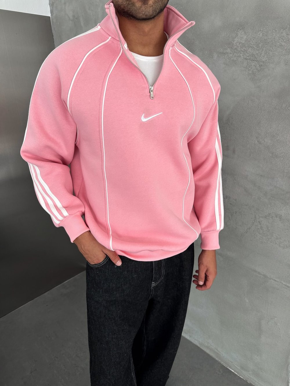 YARIM FERMUAR NK FUL BİYELİ OVERSİZE SWEAT PEMBE