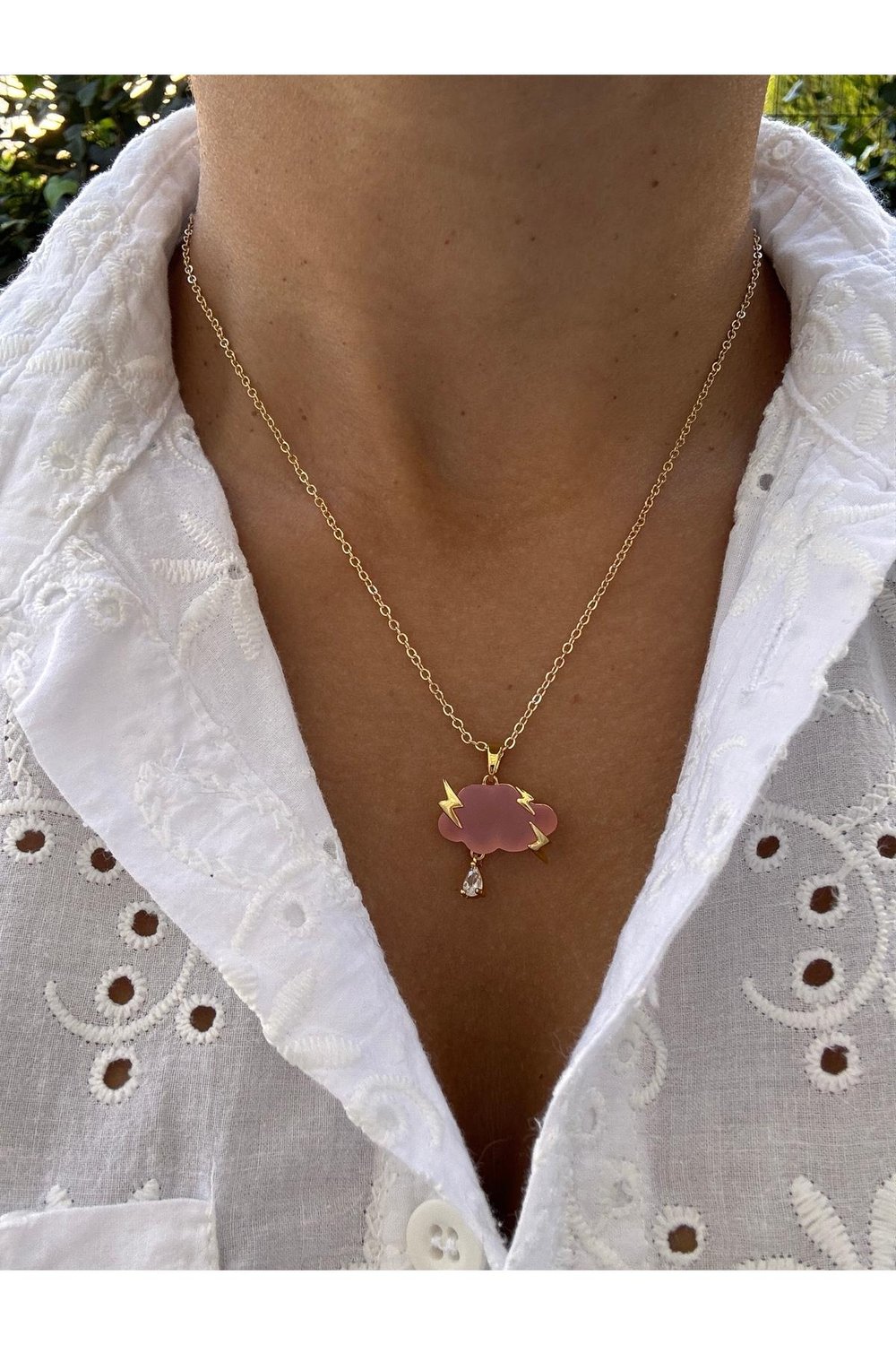 14k Altın Kaplama Zirkon Taşlı Pembe Bulut Kolye | Zincir Kolye | Charm Kolye | Bulut Şimşek Kolye