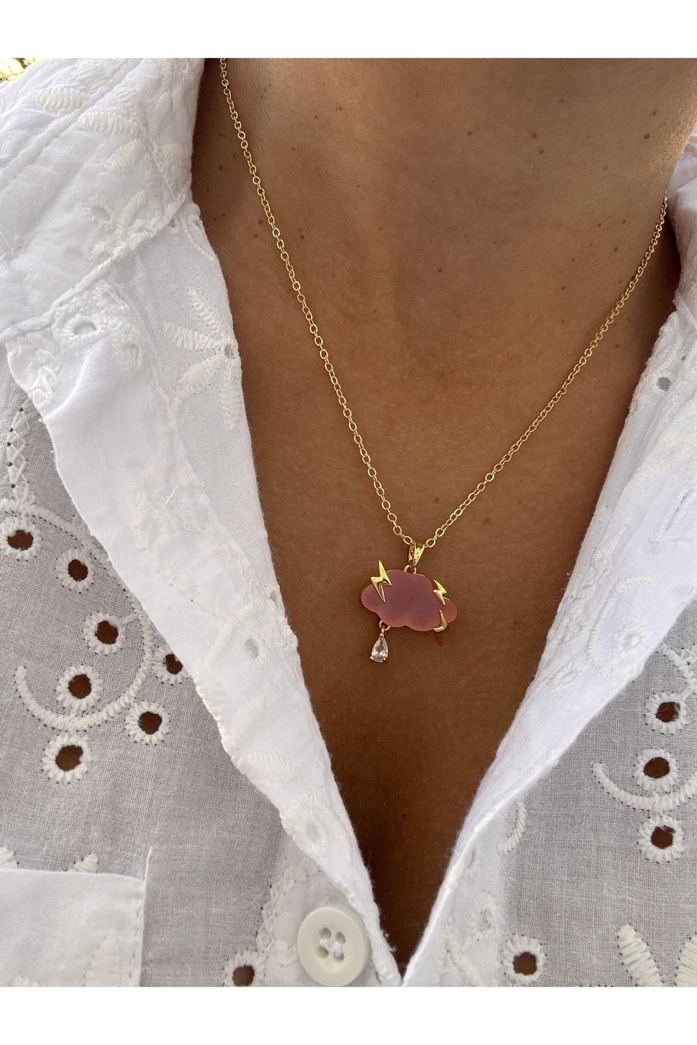 14k Altın Kaplama Zirkon Taşlı Pembe Bulut Kolye | Zincir Kolye | Charm Kolye | Bulut Şimşek Kolye