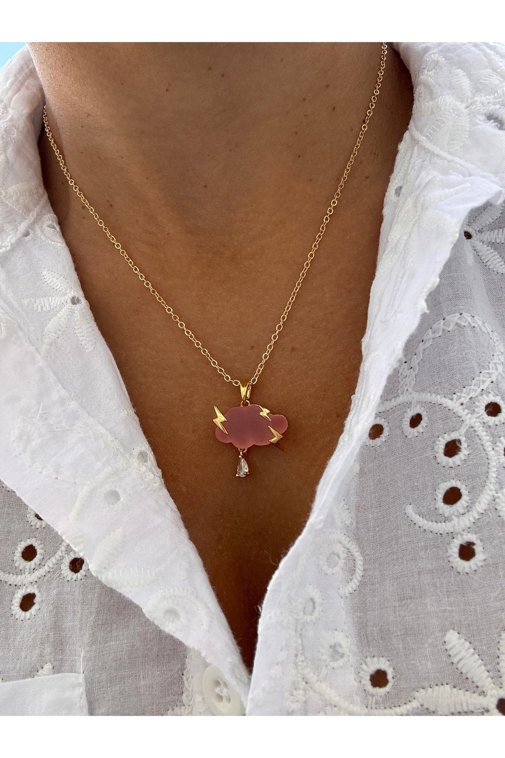 14k Altın Kaplama Zirkon Taşlı Pembe Bulut Kolye | Zincir Kolye | Charm Kolye | Bulut Şimşek Kolye