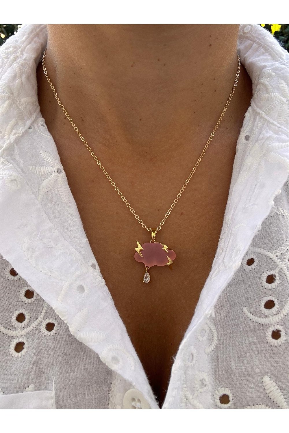 14k Altın Kaplama Zirkon Taşlı Pembe Bulut Kolye | Zincir Kolye | Charm Kolye | Bulut Şimşek Kolye