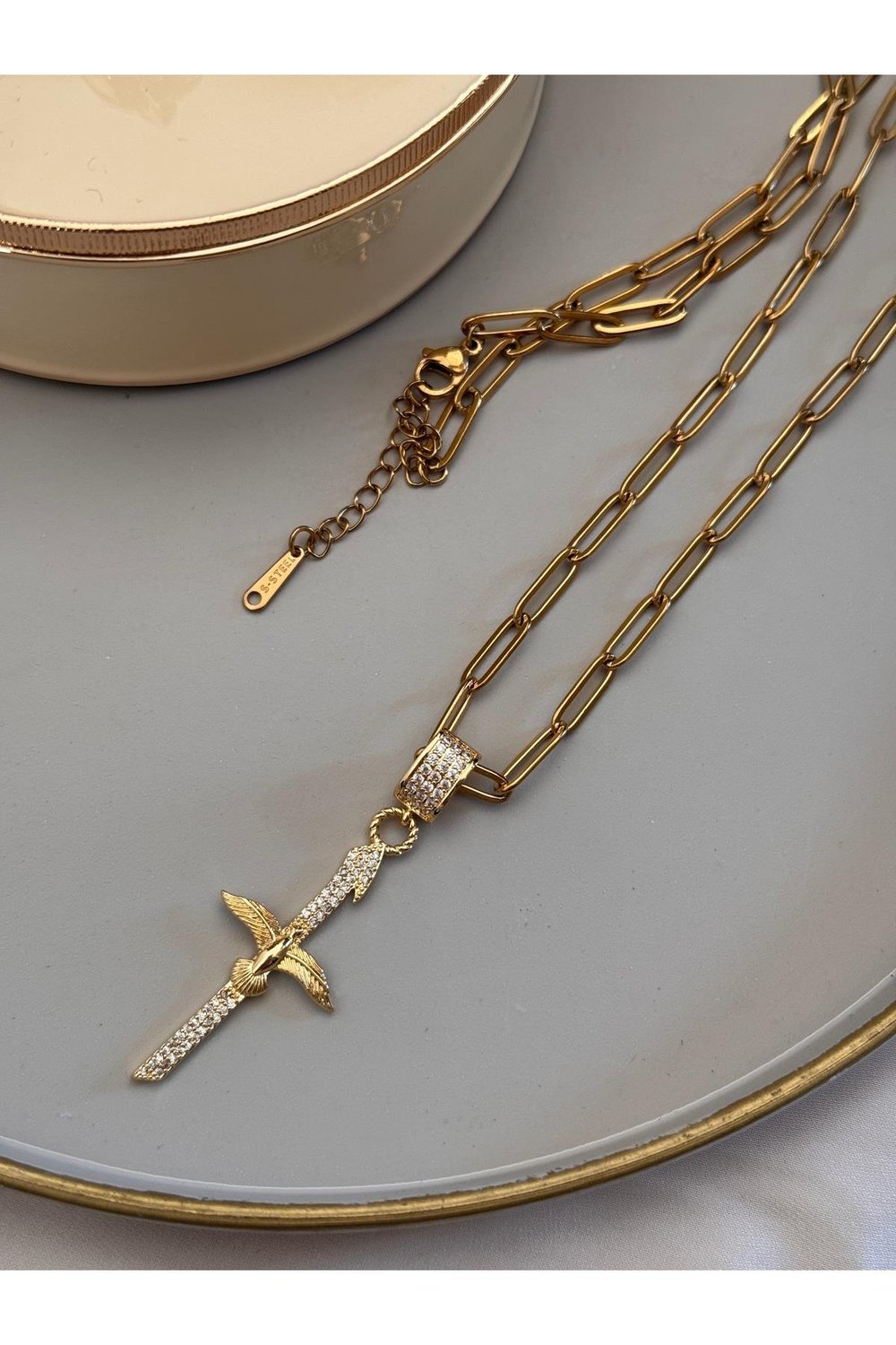 316 L Paslanmaz Çelik Anka Kuşu Kılıç Kolye | Zirkon Taşlı Charm Çelik Zincir Kolye | 60 cm Kolye