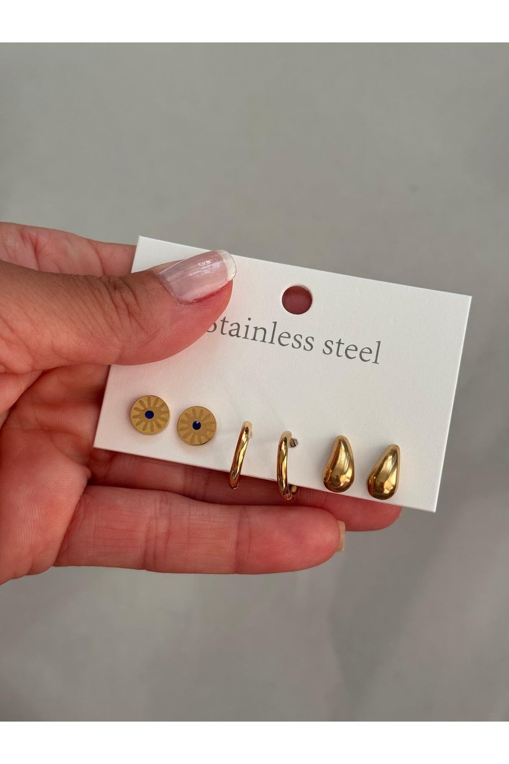 316 L Paslanmaz Çelik Küpe Set | Mini Bottega | Mini Halka | Zirkon Taş Küpe | Gold Küpe Set