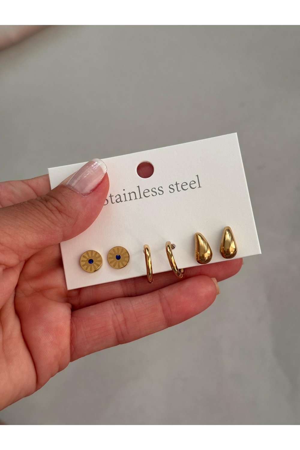 316 L Paslanmaz Çelik Küpe Set | Mini Bottega | Mini Halka | Zirkon Taş Küpe | Gold Küpe Set