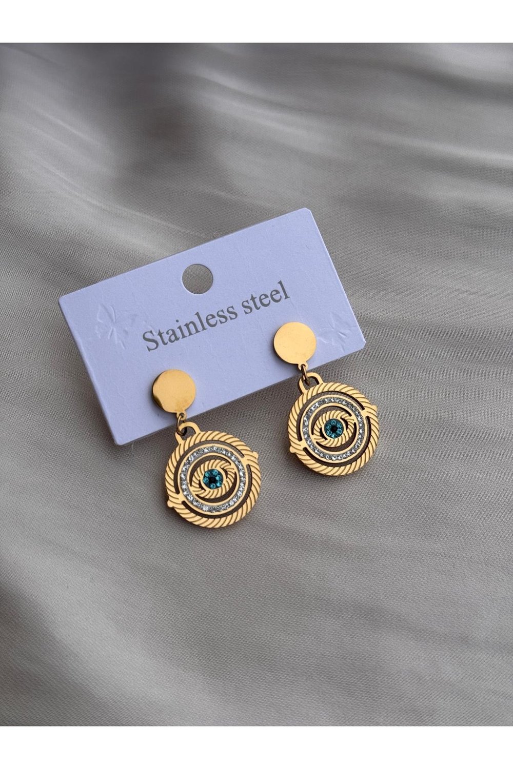 316 L Paslanmaz Çelik Küpe | Zirkon Taşlı Göz Küpe | Gold Sallantılı Küpe
