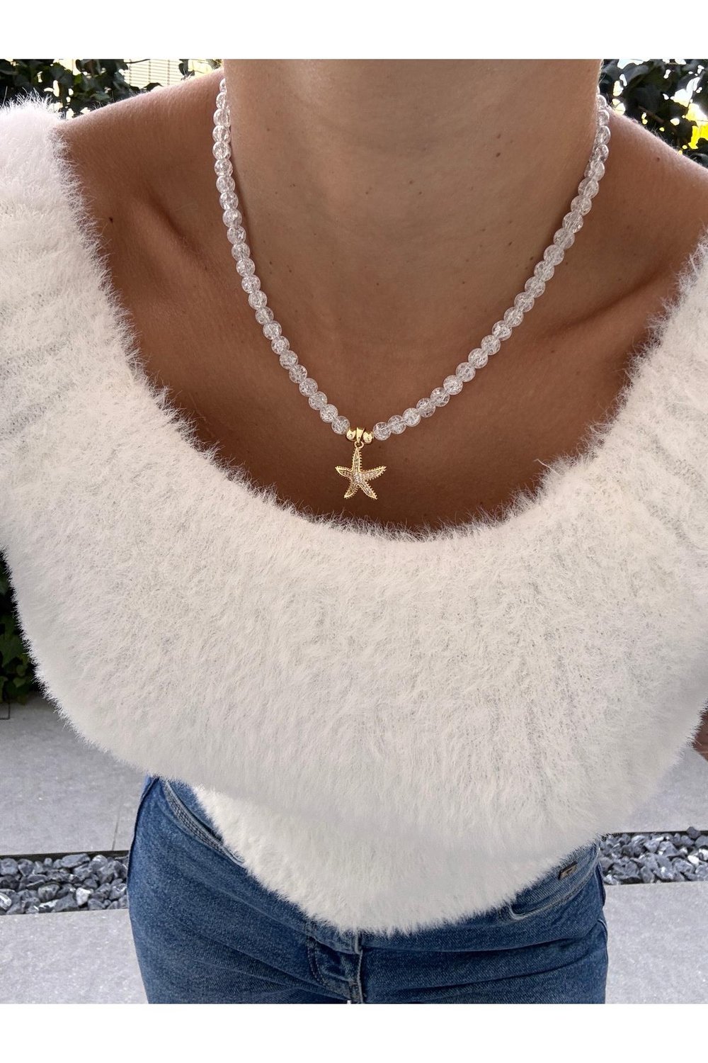 Doğal Cam Boncuklu Zirkon Taşlı Deniz Yıldızı Kolye | Tasarım Kolye | Renk Atmaz Gold Kolye