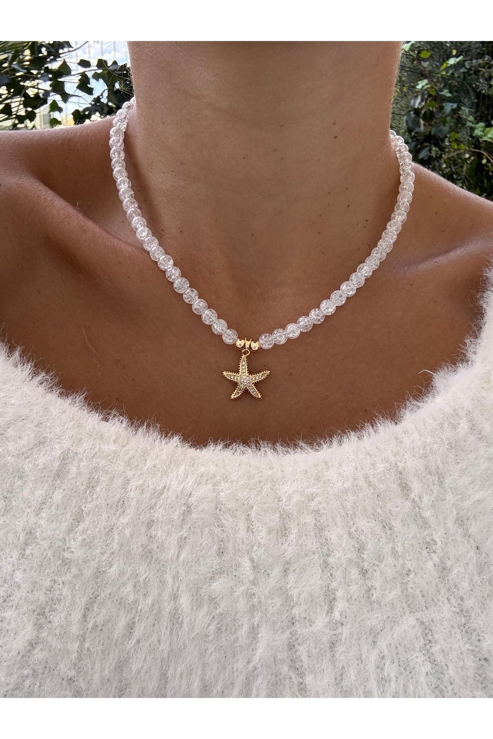 Doğal Cam Boncuklu Zirkon Taşlı Deniz Yıldızı Kolye | Tasarım Kolye | Renk Atmaz Gold Kolye