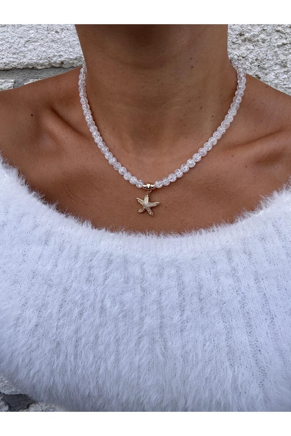 Doğal Cam Boncuklu Zirkon Taşlı Deniz Yıldızı Kolye | Tasarım Kolye | Renk Atmaz Gold Kolye