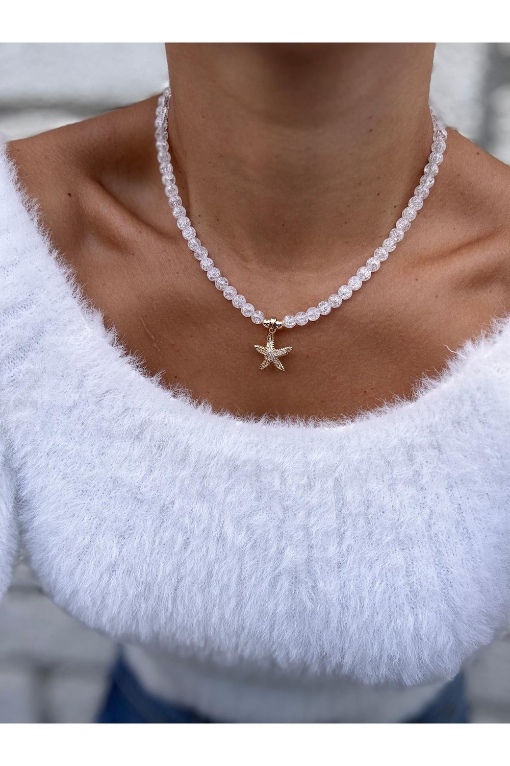 Doğal Cam Boncuklu Zirkon Taşlı Deniz Yıldızı Kolye | Tasarım Kolye | Renk Atmaz Gold Kolye