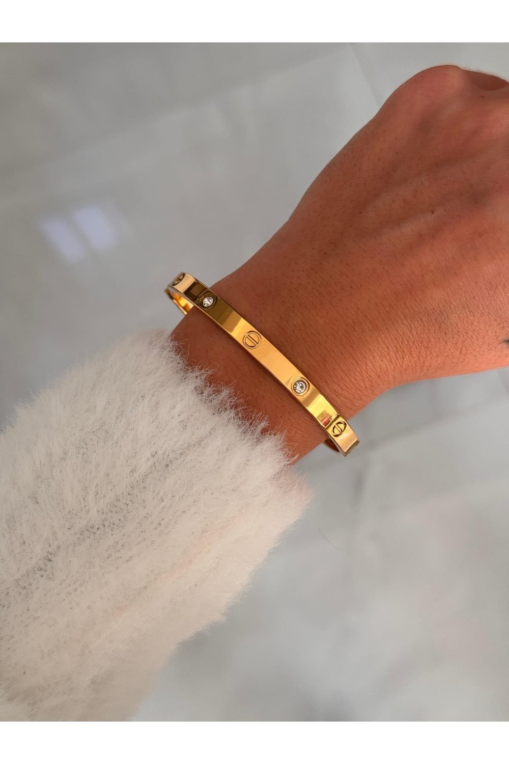 Gold Renk Taşlı Çelik Kelepçe Bileklik
