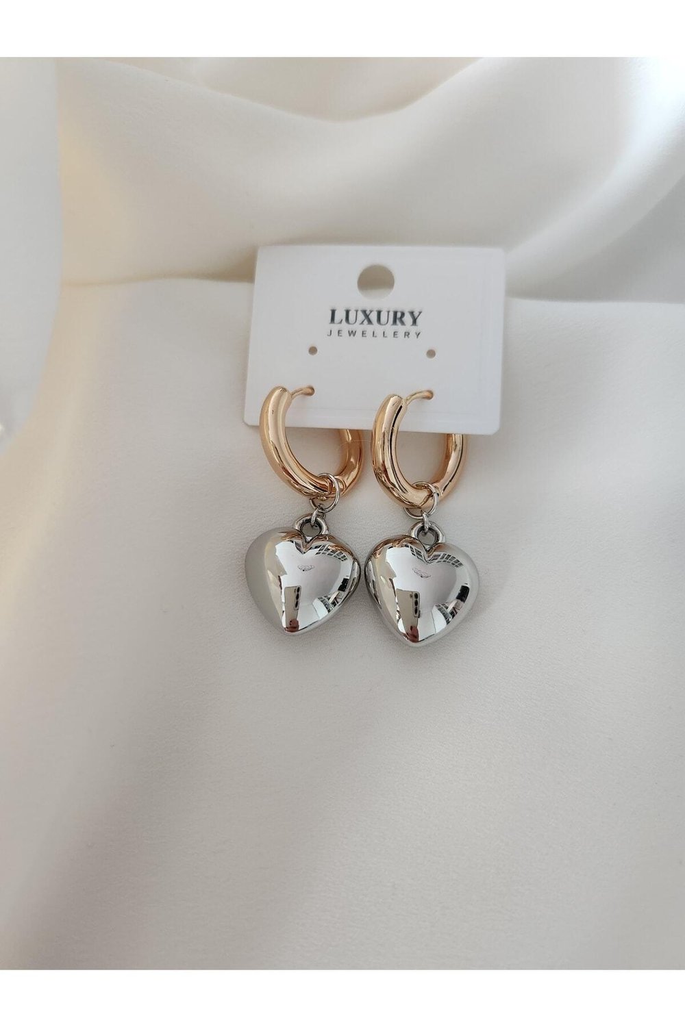Gümüş ve Rosegold Renkli Kalpli Ithal Vip Küpe