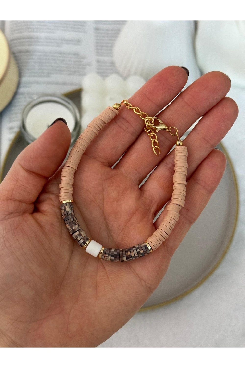 Krem Kahve Gold Detaylı Fimo Bileklik