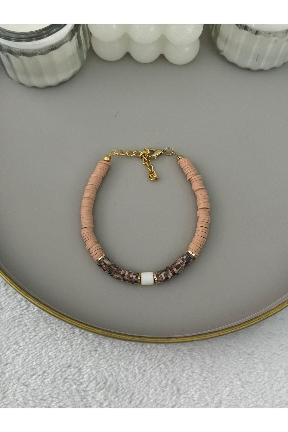 Krem Kahve Gold Detaylı Fimo Bileklik