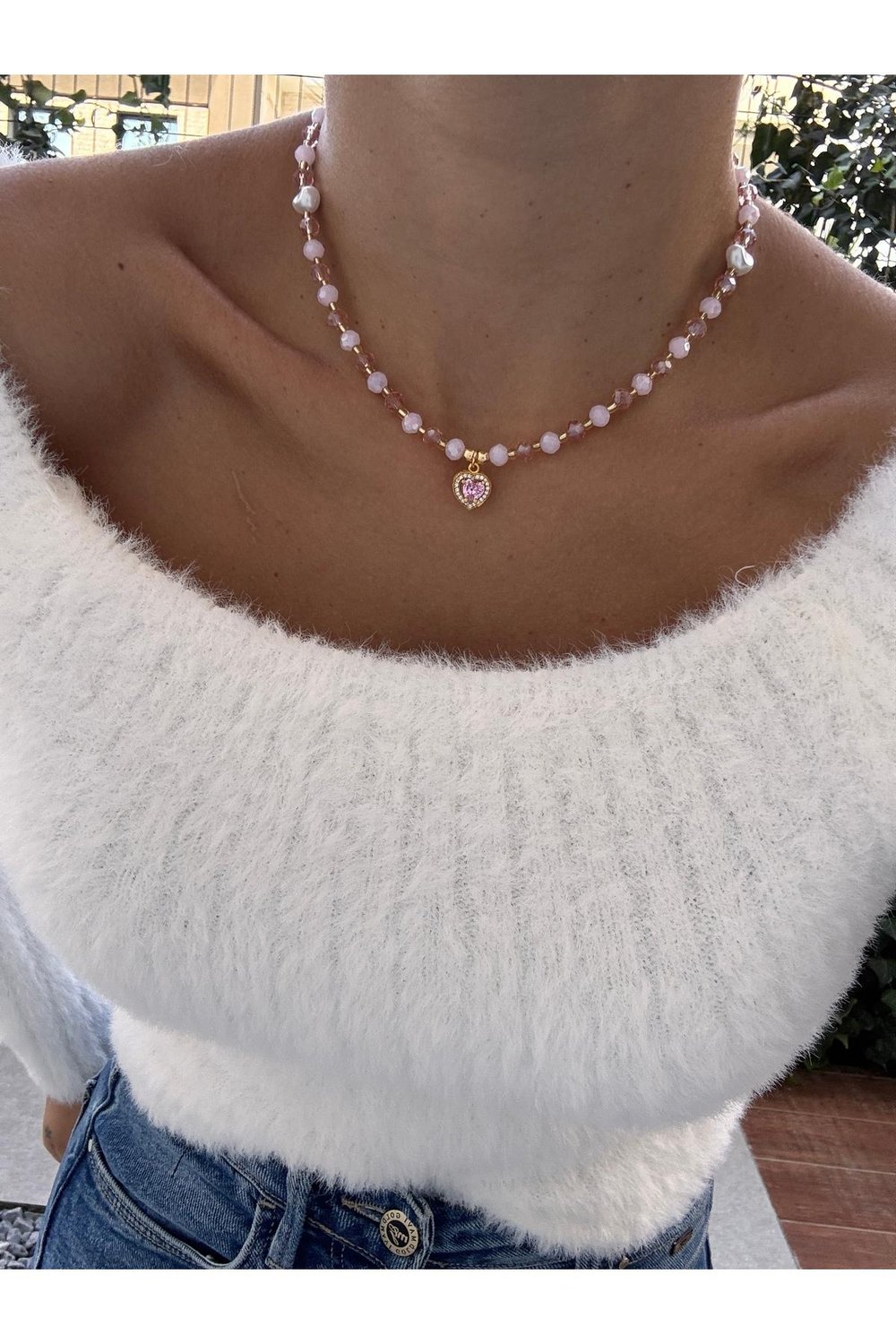 Kristal Boncuklu Prenses Kolye | Zirkon Taşlı Kalp Kolye | Pembe Kolye