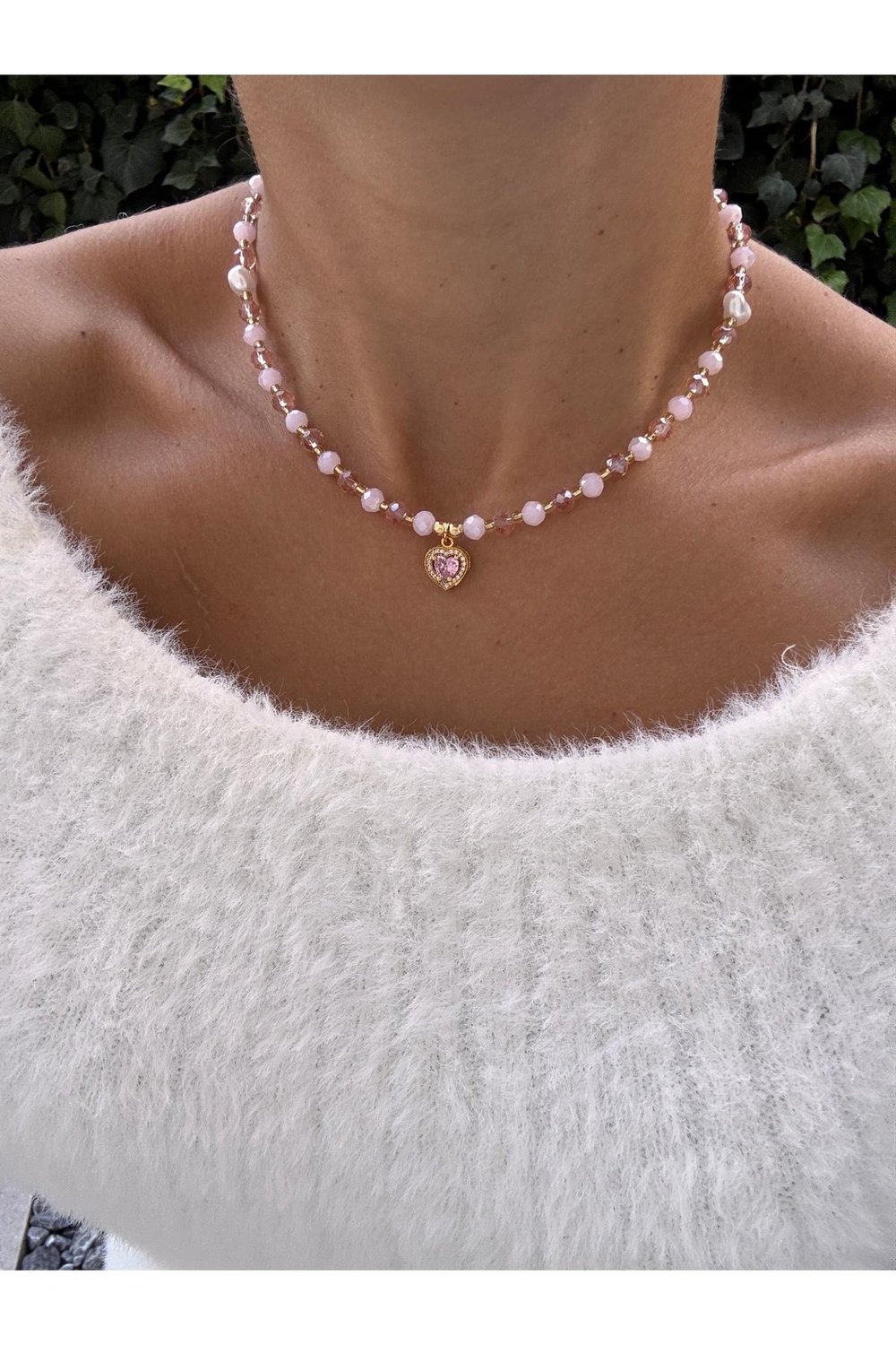 Kristal Boncuklu Prenses Kolye | Zirkon Taşlı Kalp Kolye | Pembe Kolye