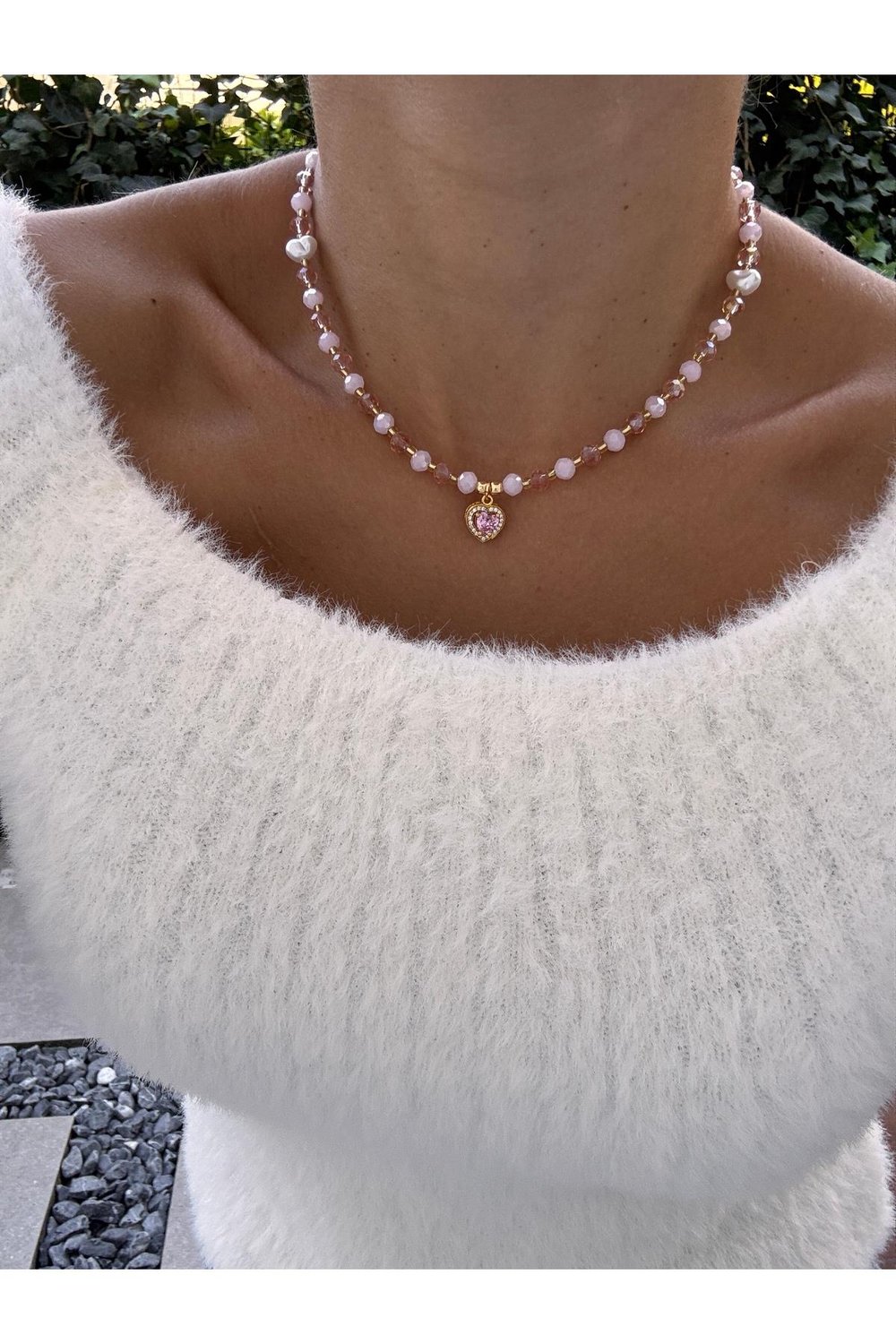 Kristal Boncuklu Prenses Kolye | Zirkon Taşlı Kalp Kolye | Pembe Kolye